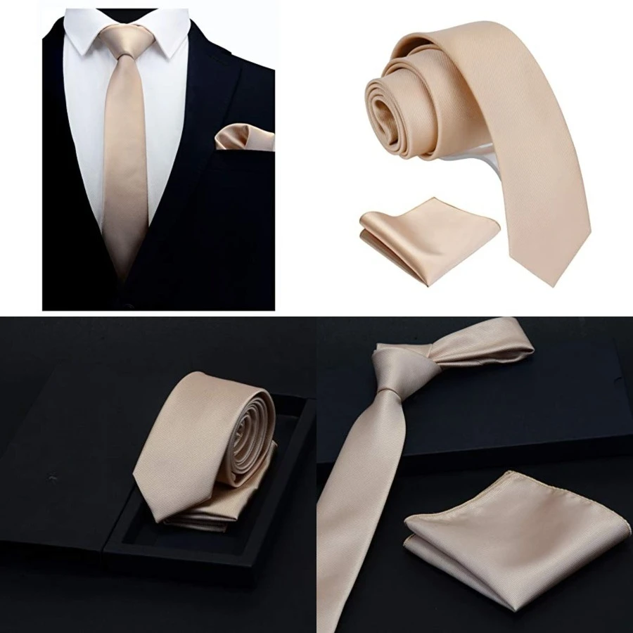 

2.4" Slim Necktie and Handkerchief Set For Men Solid Skinny Tie Set，Champagne