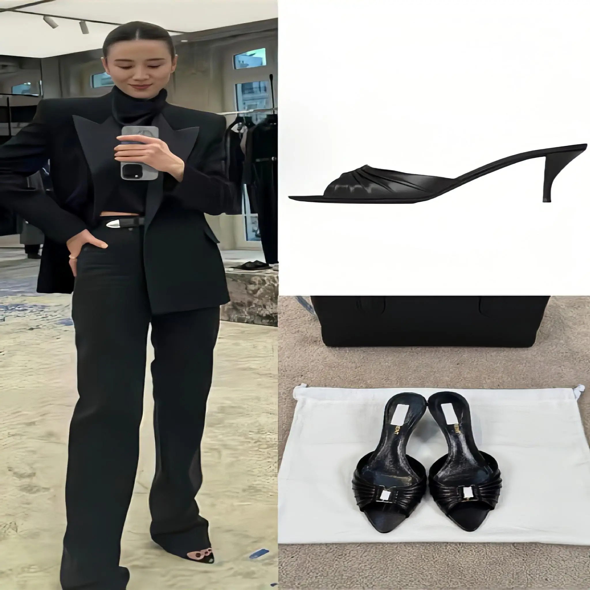 Low Heel Women's Slippers Sharp Pointed Toe Thin Heel Folded Metal Buckle mid Heel Summer Open Toe Slip-On Shoes