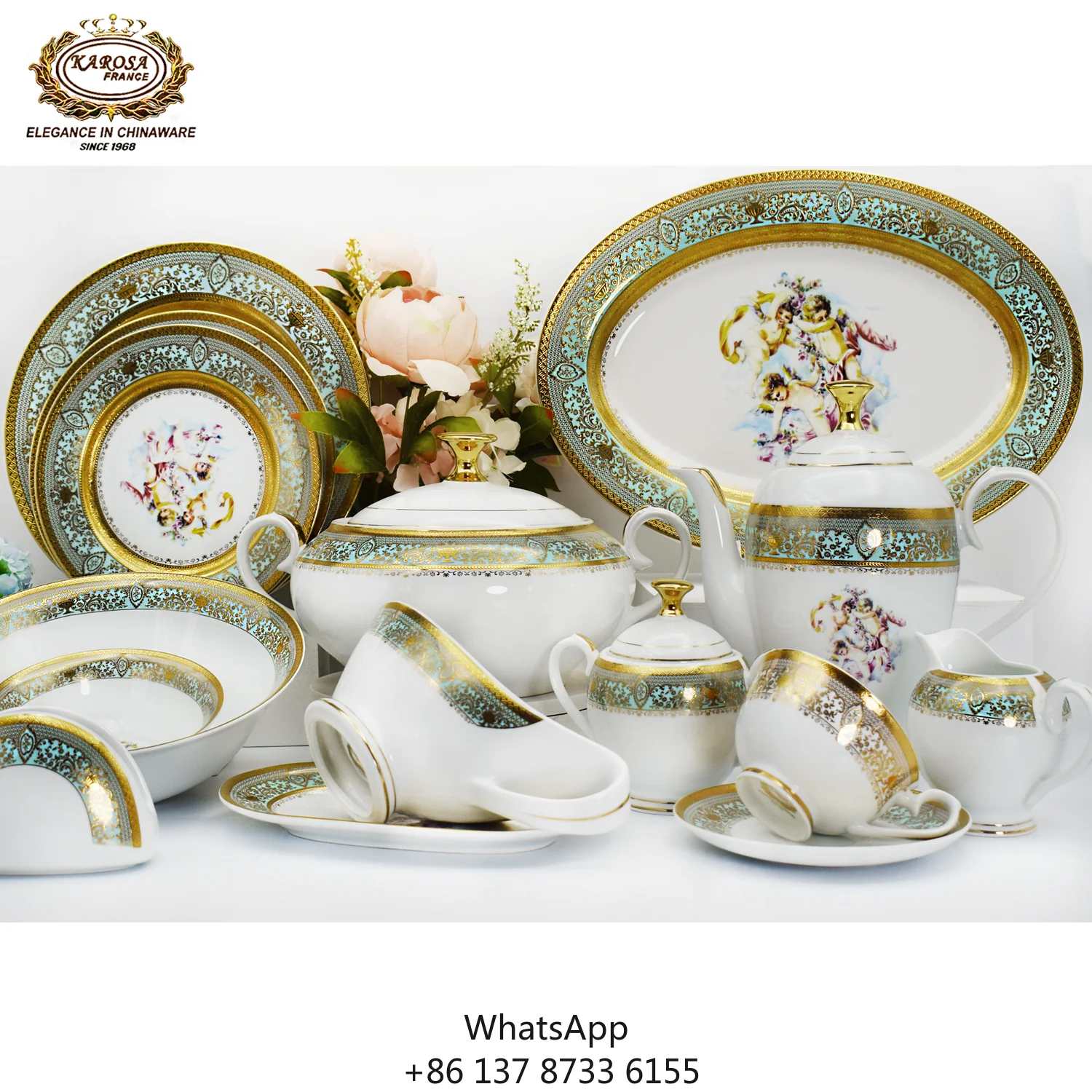 

98pcs High Quality Embossed Gold Bone China Ceramic Luxury Reliefs Style Green Color Wedding Porcelain Dinner Tea Coffee Set
