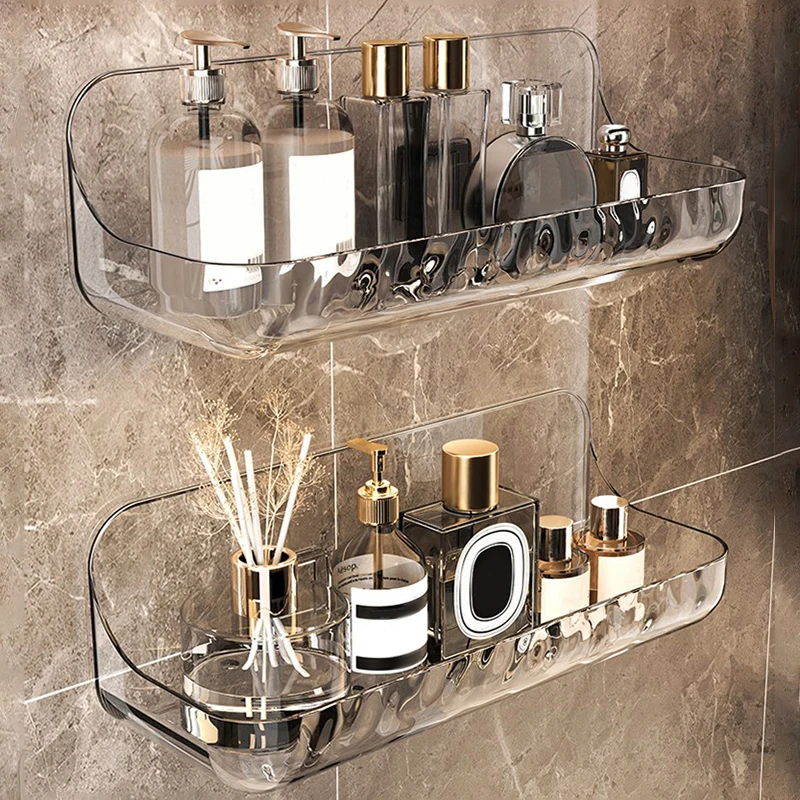 Acrílico Transparente Storage Rack para Banheiro, Wall Mounted, Punch Free, Cosmetic Storage Tray, Makeup Organizer, Kitchen Shelf
