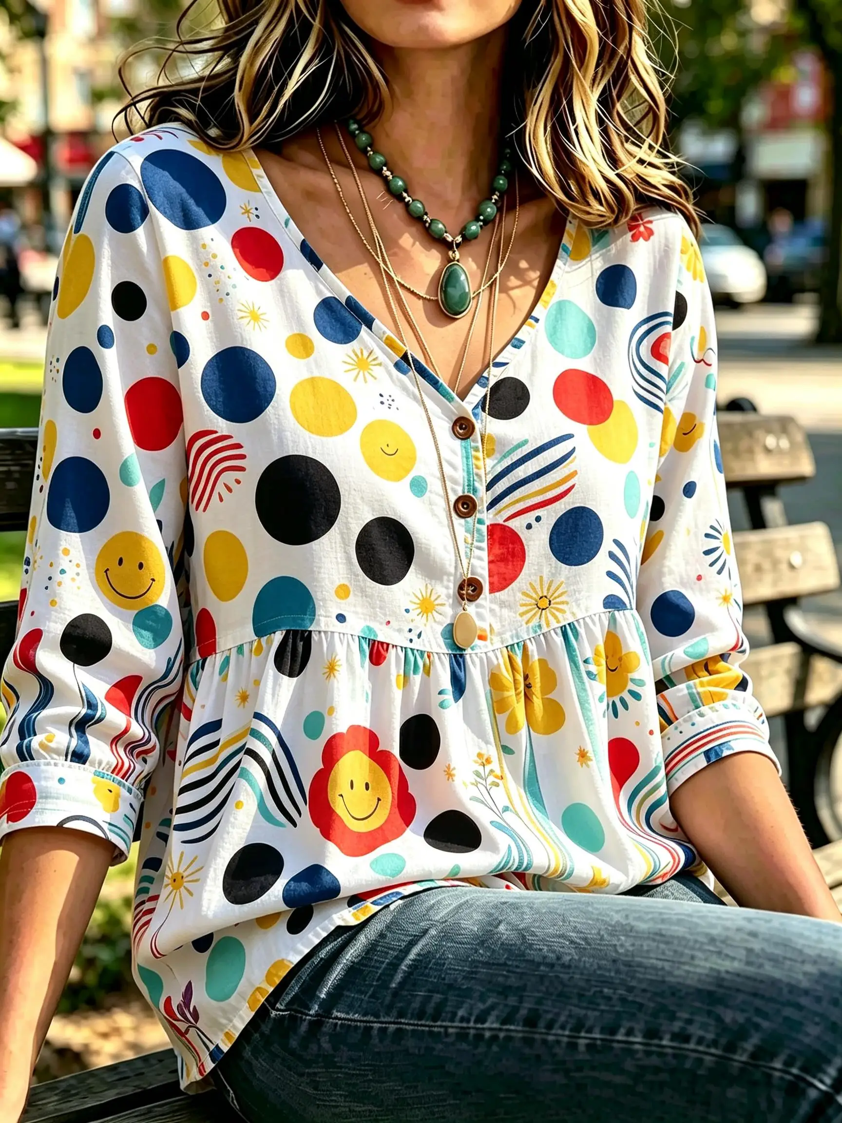 Women Loose Babydoll Tunic Top, Retro Pop Art Graphic Print, V Neck Half Button 3/4 Sleeve Casual Daily Blouse