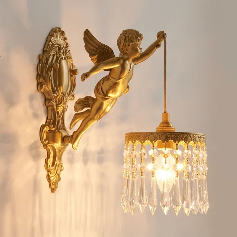 

French Vintage Style Copper Angel Hanging Flower Crystal Wall Lamp Palace Corridor Entrance Porch Balcony Bedside Lighting