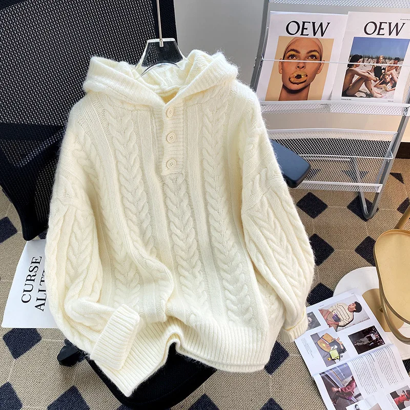 Women Solid Knitted Sweater Autumn Winter New Casual Loose Warm hooded Pullover Long Sleeved Braided Pattern Tops Female Clothes