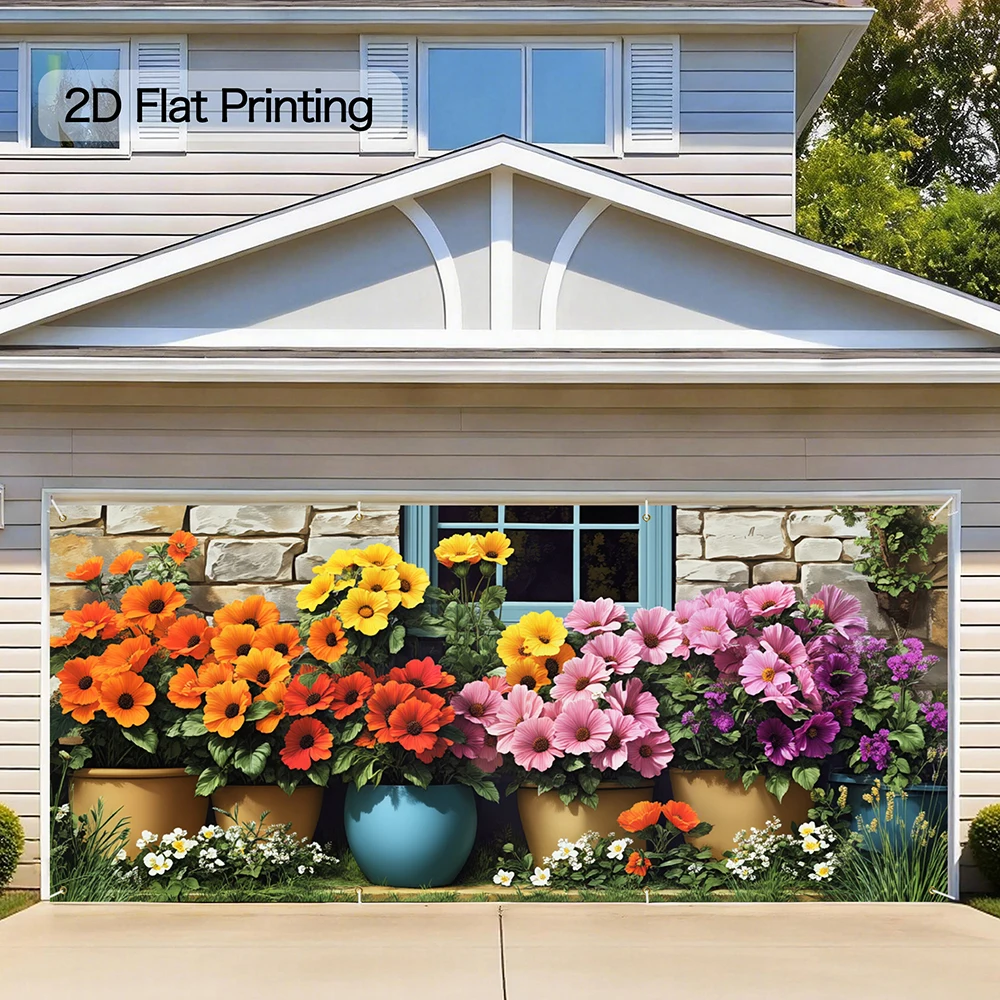 1PC Floral Garage Door Banner 13x6FT Vibrant Flowers & Greenery Design Large Backdrop for Indoor Outdoor Decor Holidays Parties