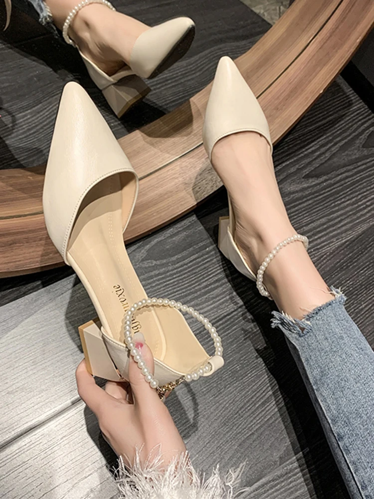 Shoes 3cm Heels Navy Blue Pumps Sexy Sandals Clogs for Women 2022 Pointed Wedge 5cm Retro Orange Crossdressers Straps Casual Blo