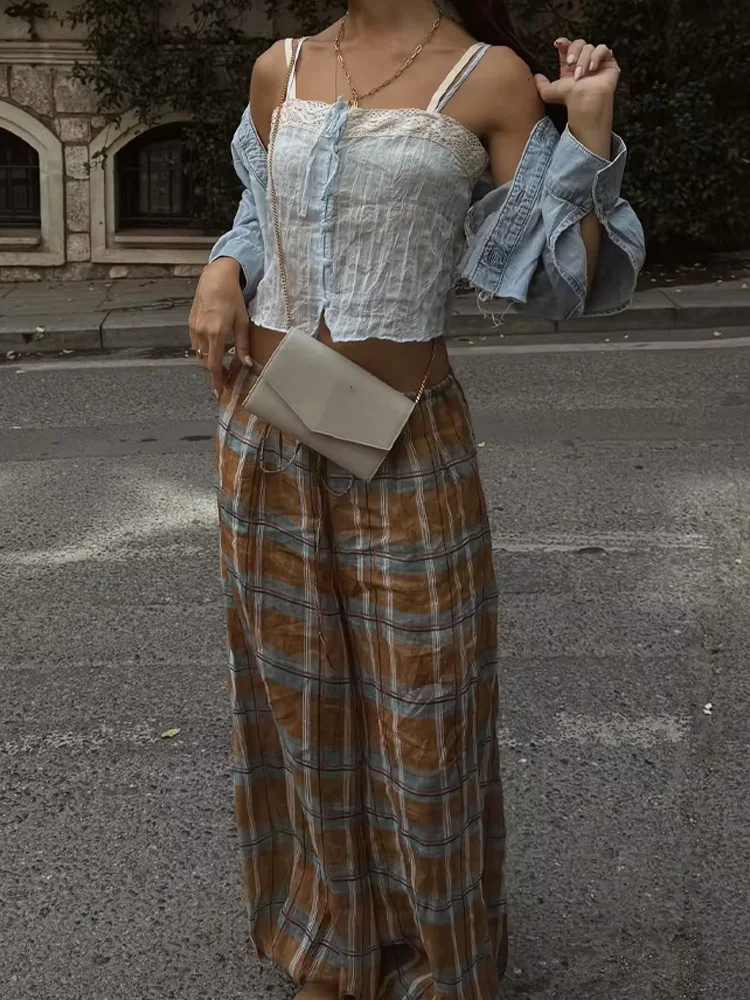 กางเกงลำลองผู้หญิงแฟชั่นฤดูใบไม้ร่วง ผ้ารามี ลายสก็อต ทรงหลวม สไตล์เก๋ไก๋ หรูหรา มีเชือกผูกเอว สไตล์ไฮสตรีท