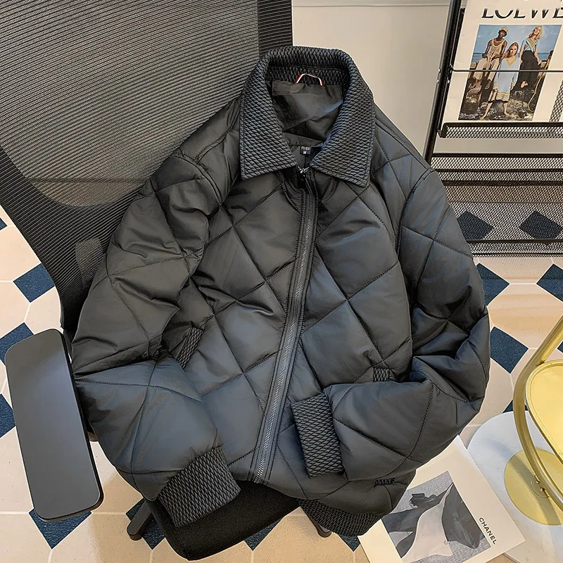Men's Quilted Argyle Cotton Jacket Autumn Winter Solid Color Simple Lapel Thicken Coat Korean Casual Fashion Warm Jackets