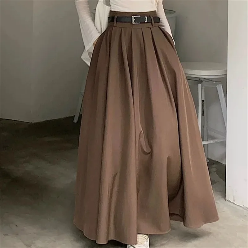 여성 빈티지 솔리드 컬러 JK 롱 스커트 소녀 우아하고 편안한 레저 드레스 여성 스위트 A라인 지퍼 플리츠 스커트