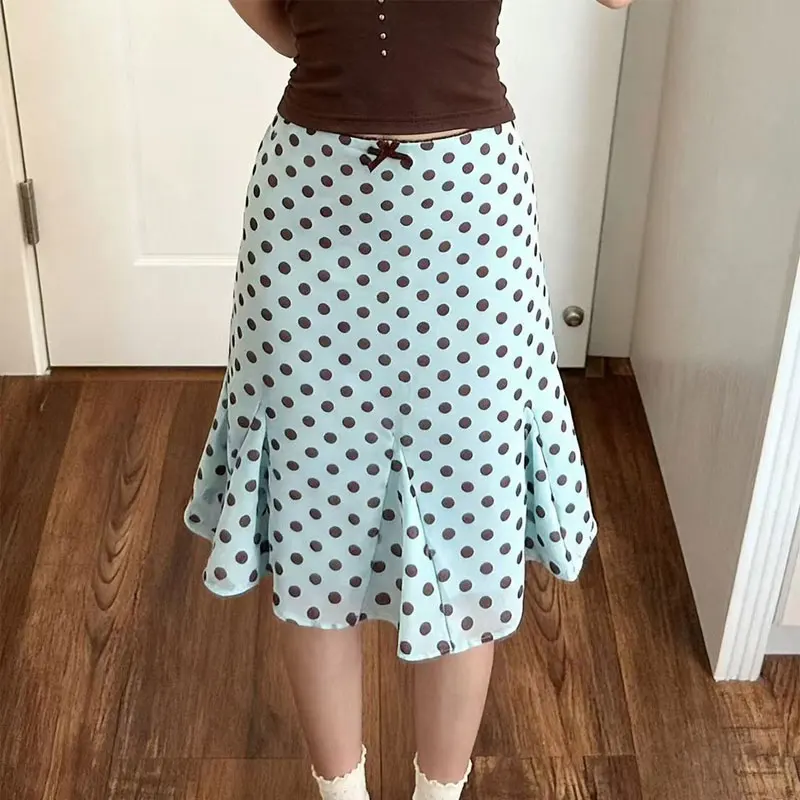 Sweet French Style Polka Dot Folds Knee Skirts Spring Summer High Waist Women's Clothing A-Line Fashionable Bow Vintage Skirts