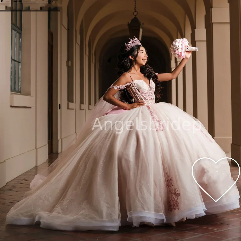 Angelsbridep-Vestido de festa rosa claro com capa, vestido de baile, doce de 15 anos, vestidos Quinceanera, alta qualidade, 2020