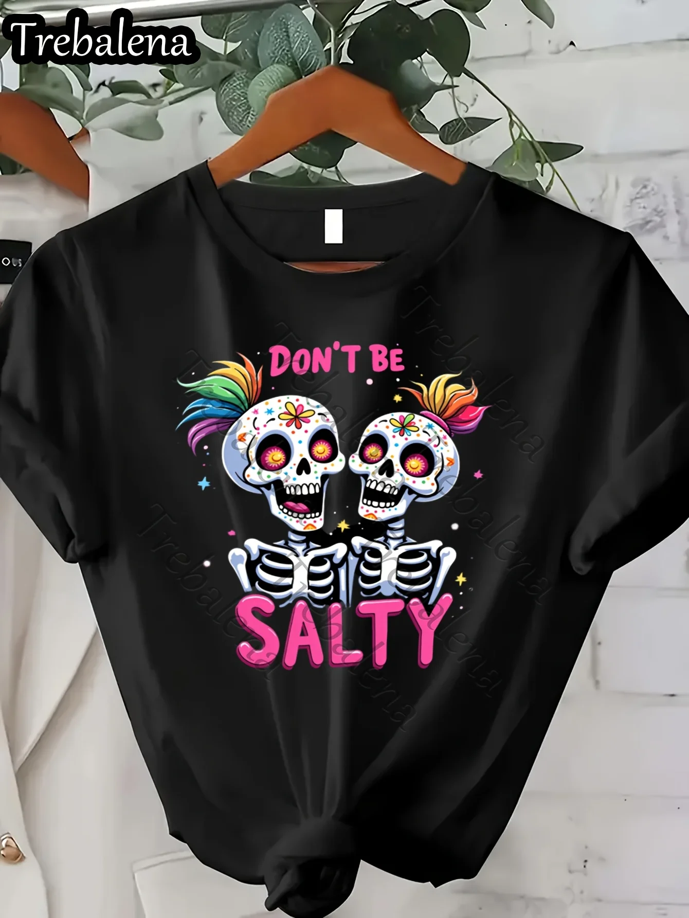 Women's Casual Crew Neck T-Shirt, Polyester Fabric, Regular Length, with Colorful Sugar Skull Graphic and 