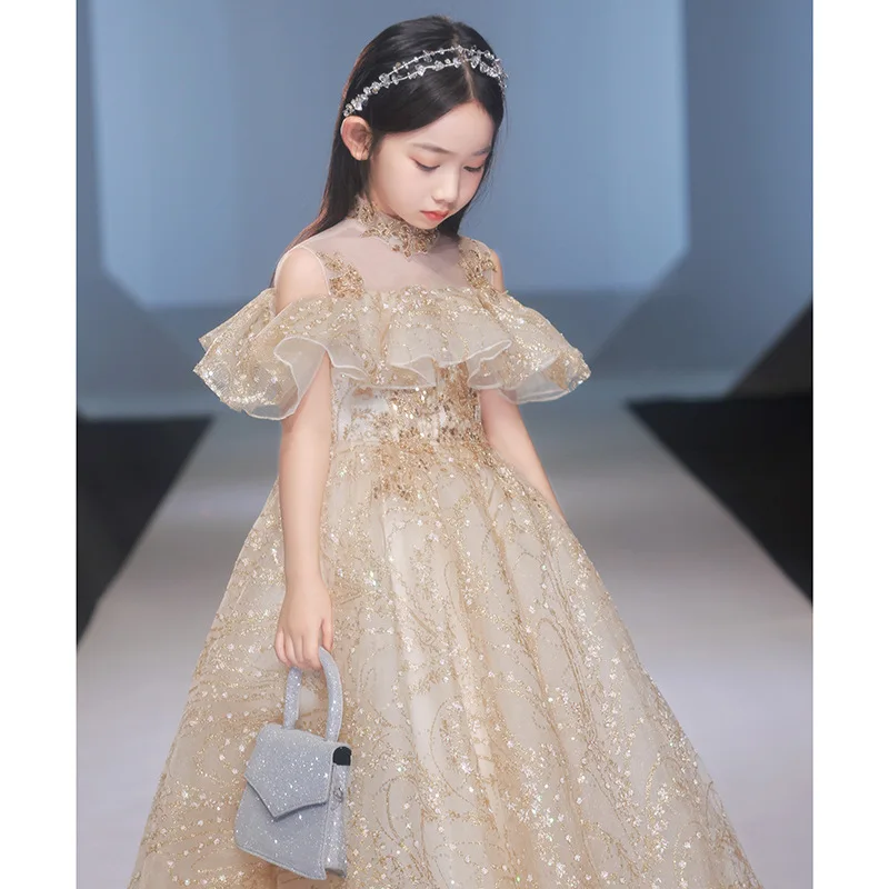 Elegant Champagne  Tulle Flower Girl Dress for Wedding Sequin Appliques Kids Party Prom Dress First Communion Princess Vestidos