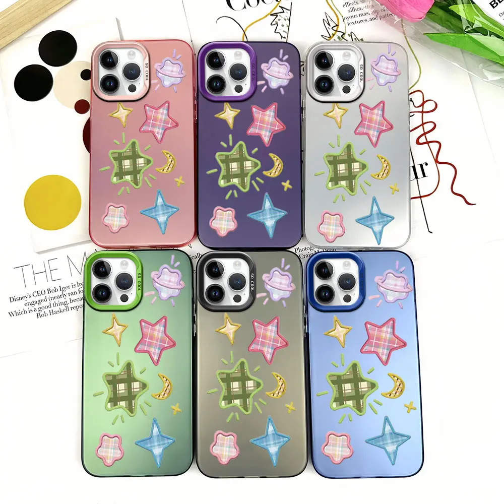 

Stars Moon Flowers Lattice Phone Case for iPhone 12 11 13 14 15 16 Pro Plus IMD Plating Cover