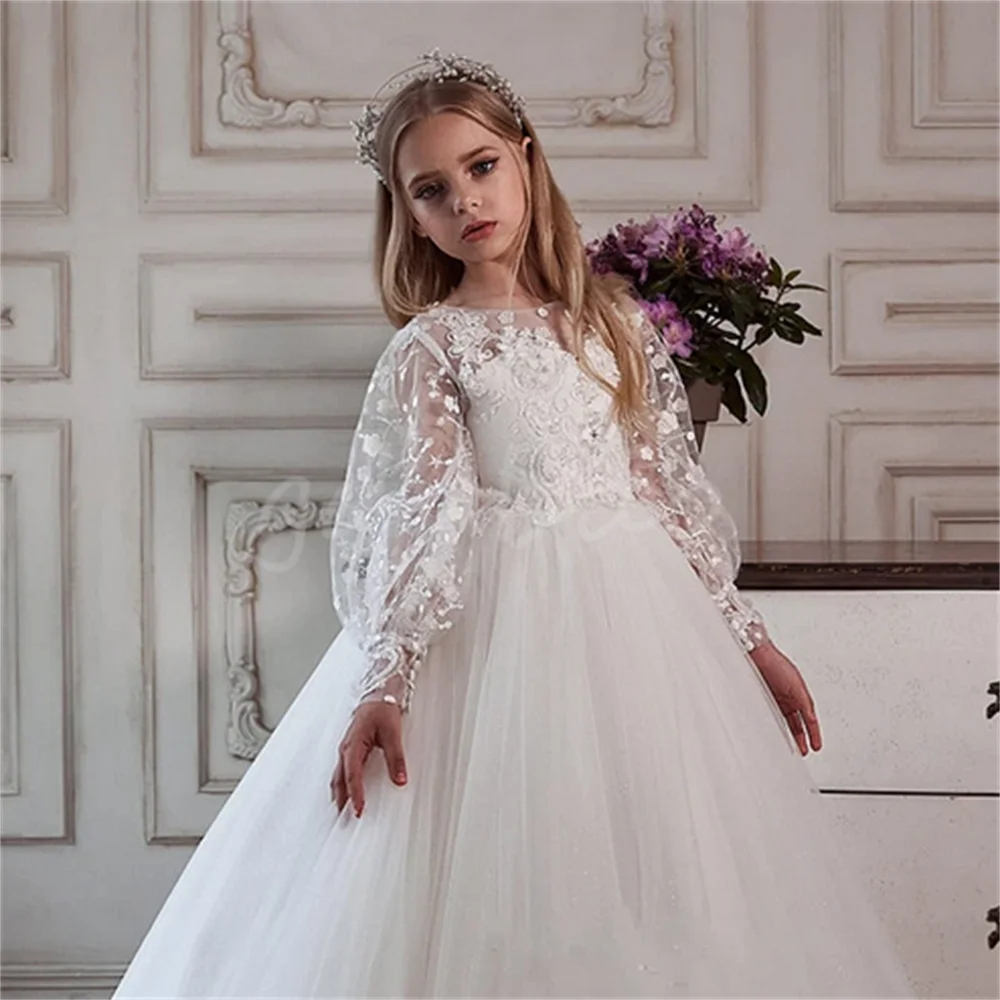 White Flower Girl Dress for Weddings Butterfly Applique Princess Kids Bridesmaid Ball Gown First Communion Pageant Evening Party