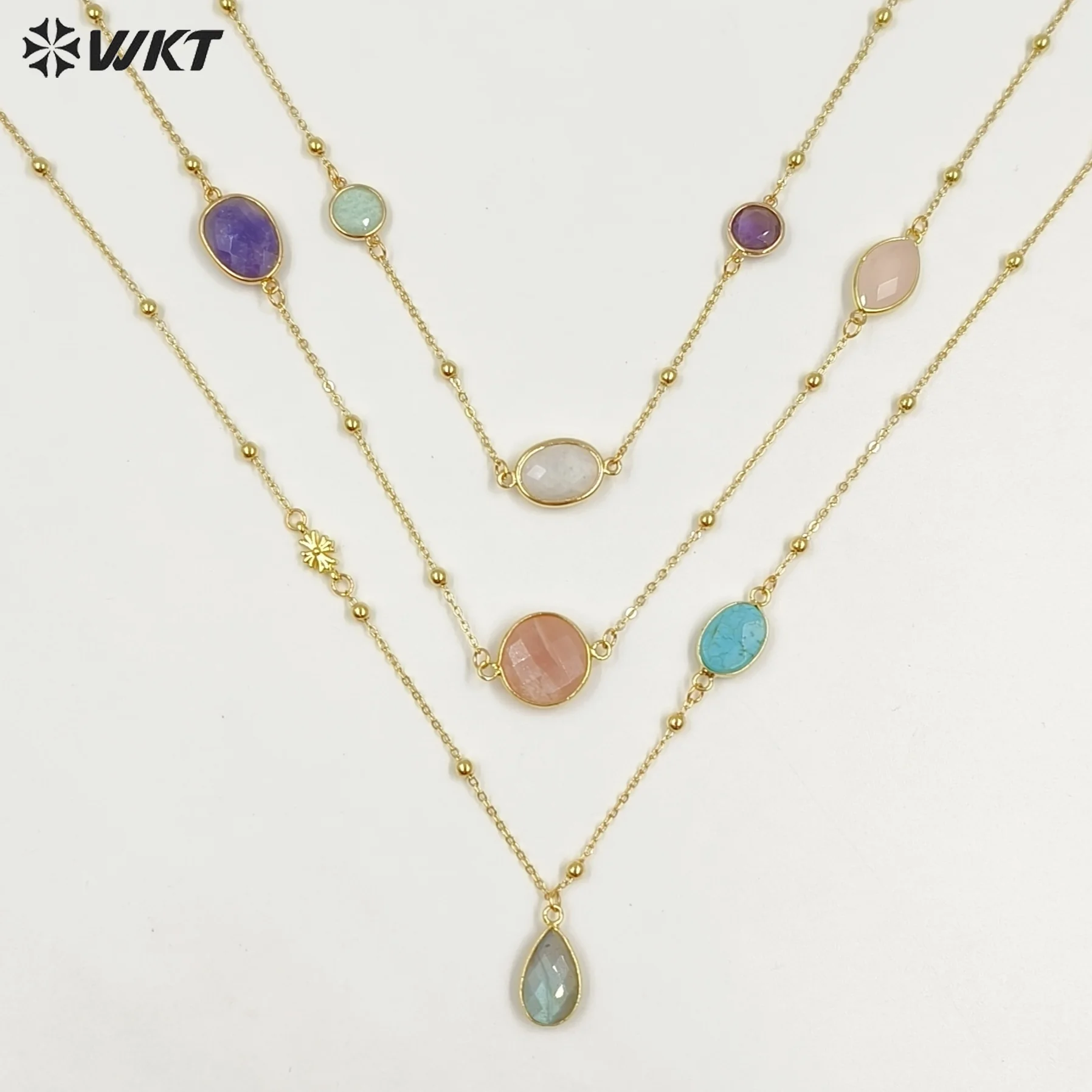 

WT-N1519 Amazing 18K Gold Plated Multiple Natural Gemstones And Metal Shell Charms Three Layers Necklace For Women Vintage Gift