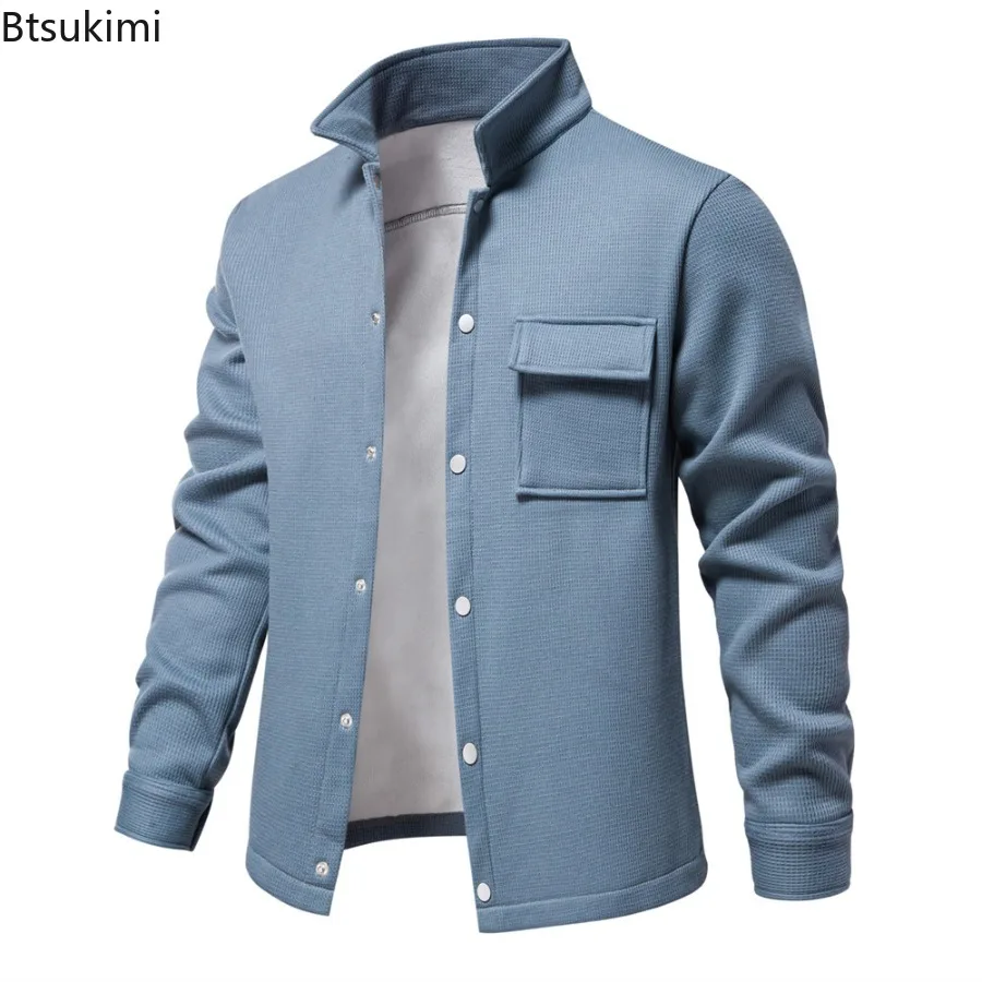 Autumn Winter Mens Waffle Fleece Lined Thick Warm Jacket Lapel Collar Cardigan Jacket Coat Solid Color with Pockets Jacket Tops
