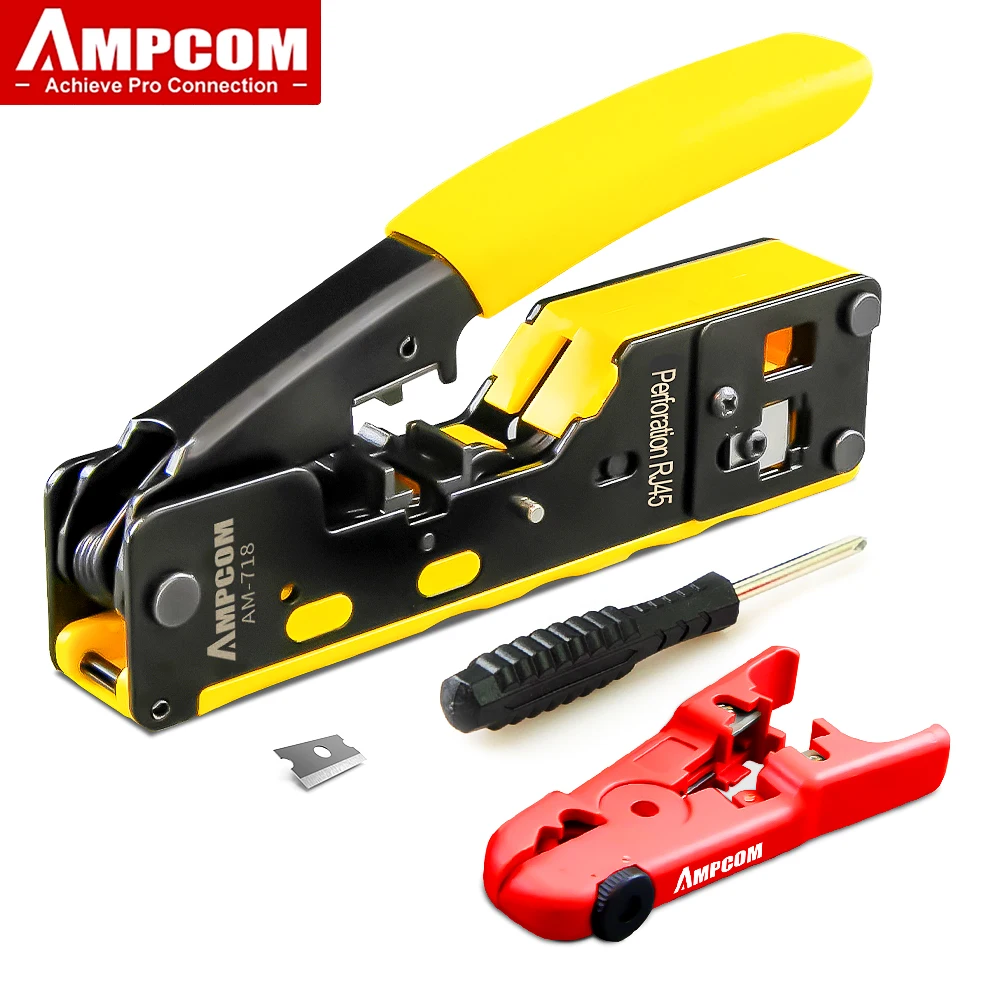 AMPCOM RJ45 RJ11 Pass Through Crimping Tool for Cat7/6A Cat6/5 Ethernet Modular Plugs Connectors With Stripper and Spare Blade