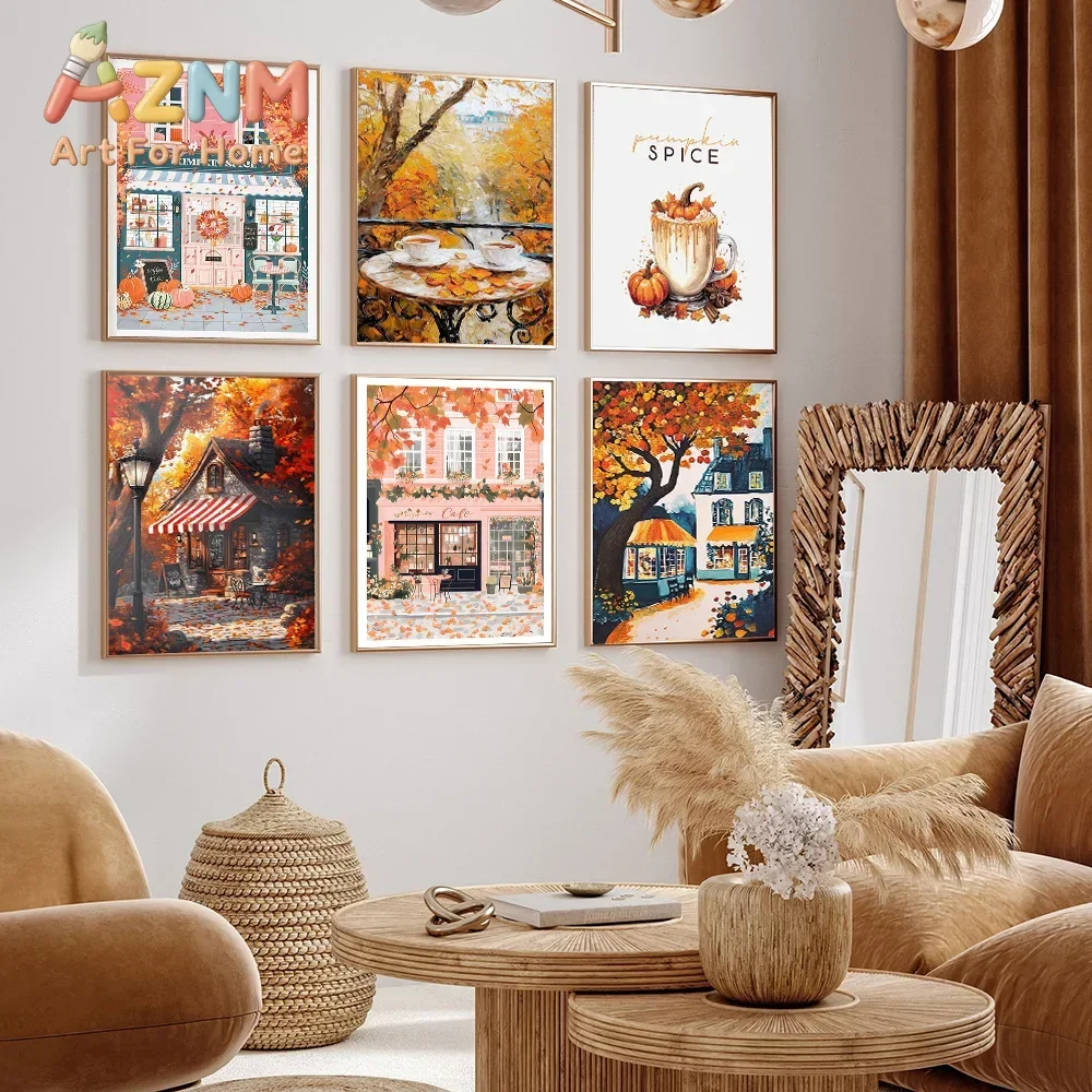 Autumn Coffee Shop Pumpkin Spice Latte Print Posters Fall Wall Art Poster Decor Thanksgiving Trendy Coffee Bar Room Decor Gif