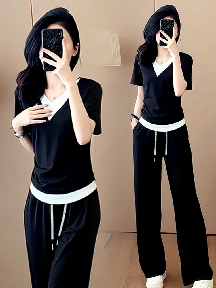 Damski letni zestaw sportowy, nowy, luźne spodnie z szerokimi nogawkami, dwuczęściowy komplet, dekolt w serek, bawełniane długie spodnie.