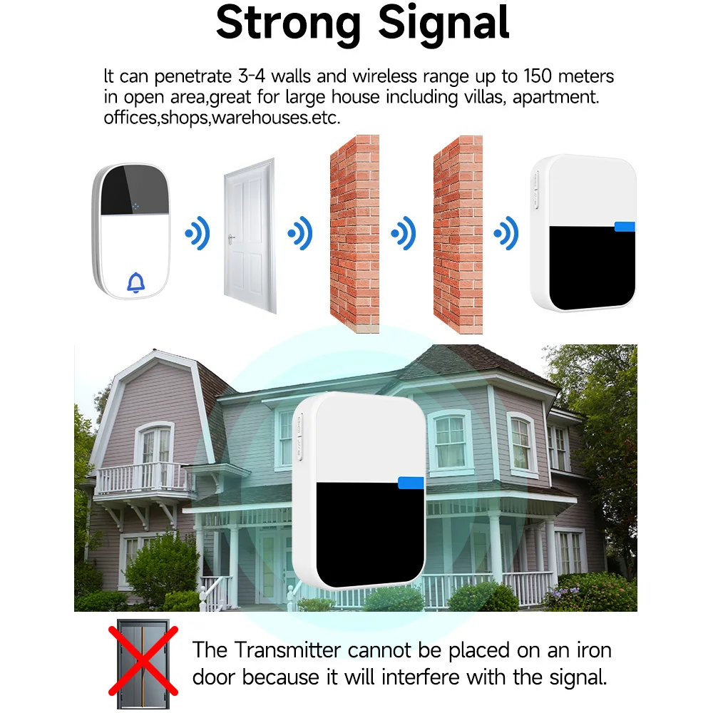 Black Acrylic Self-Powered Dynamic Wireless Doorbell Outdoor Waterproof Long Distance High Volume Remote Control Door Bell