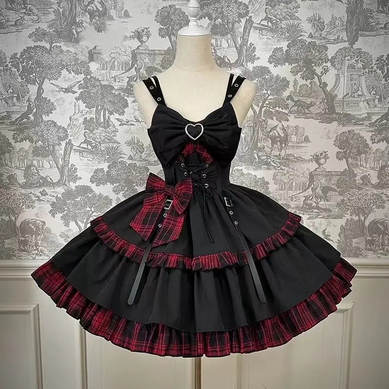 

Suspender Rock Lolita Dress Lolita Dark Gemini Black Red Black Blue Suspender Dress Goth