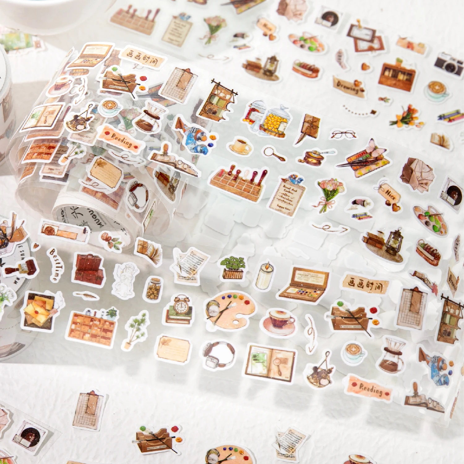 1Roll Cute Cartoon Food Camping Glitter Die-Cut Tape For DIY Scrapbook Frame Collage Hand Account Mug Luggage Guitar Decoration