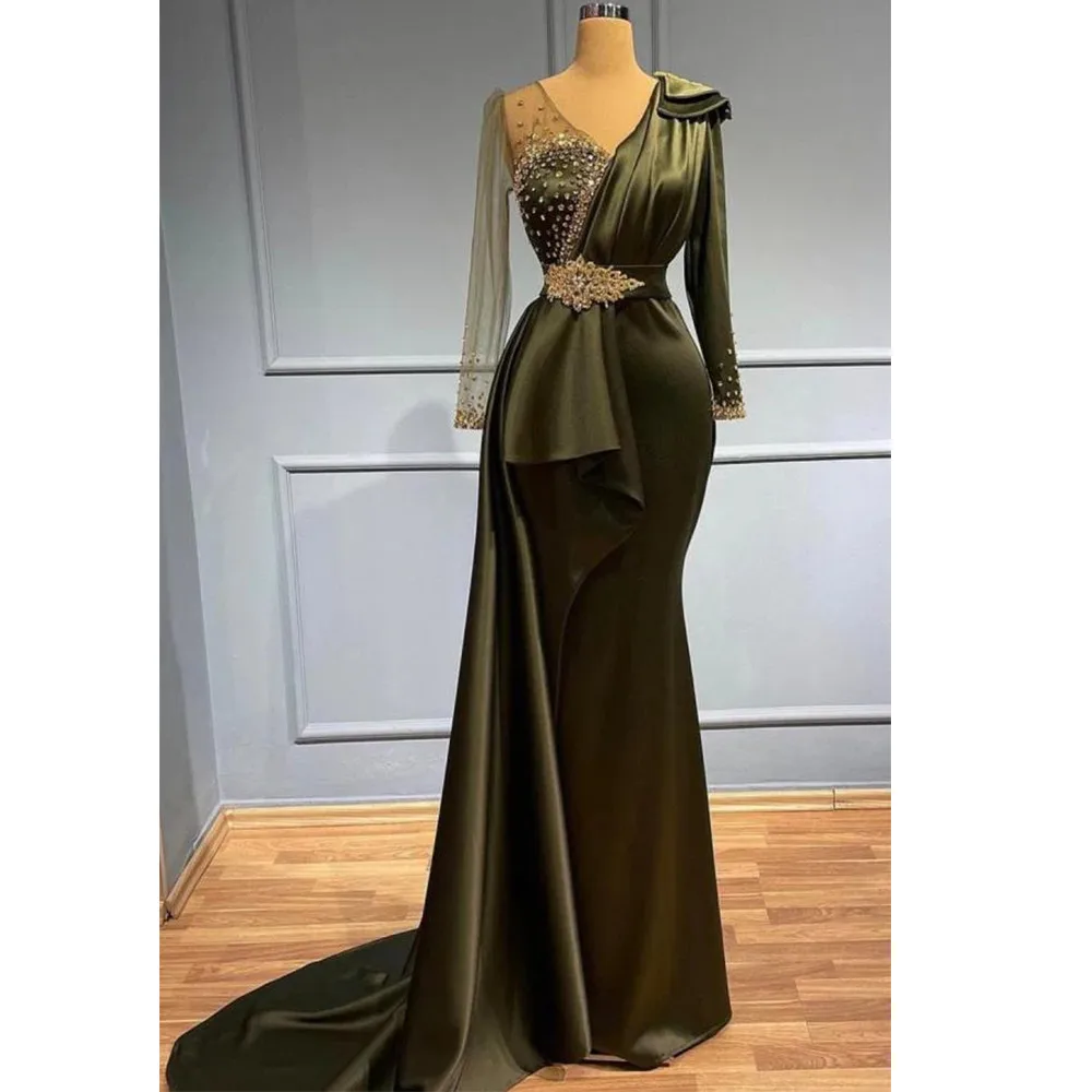 

Luxury Women's Sexy V-Neck Prom Dresses Satin Pleated Shiny Beads Evening Gowns Formal Fashion Celebrity Party 2023 Robe Vestido