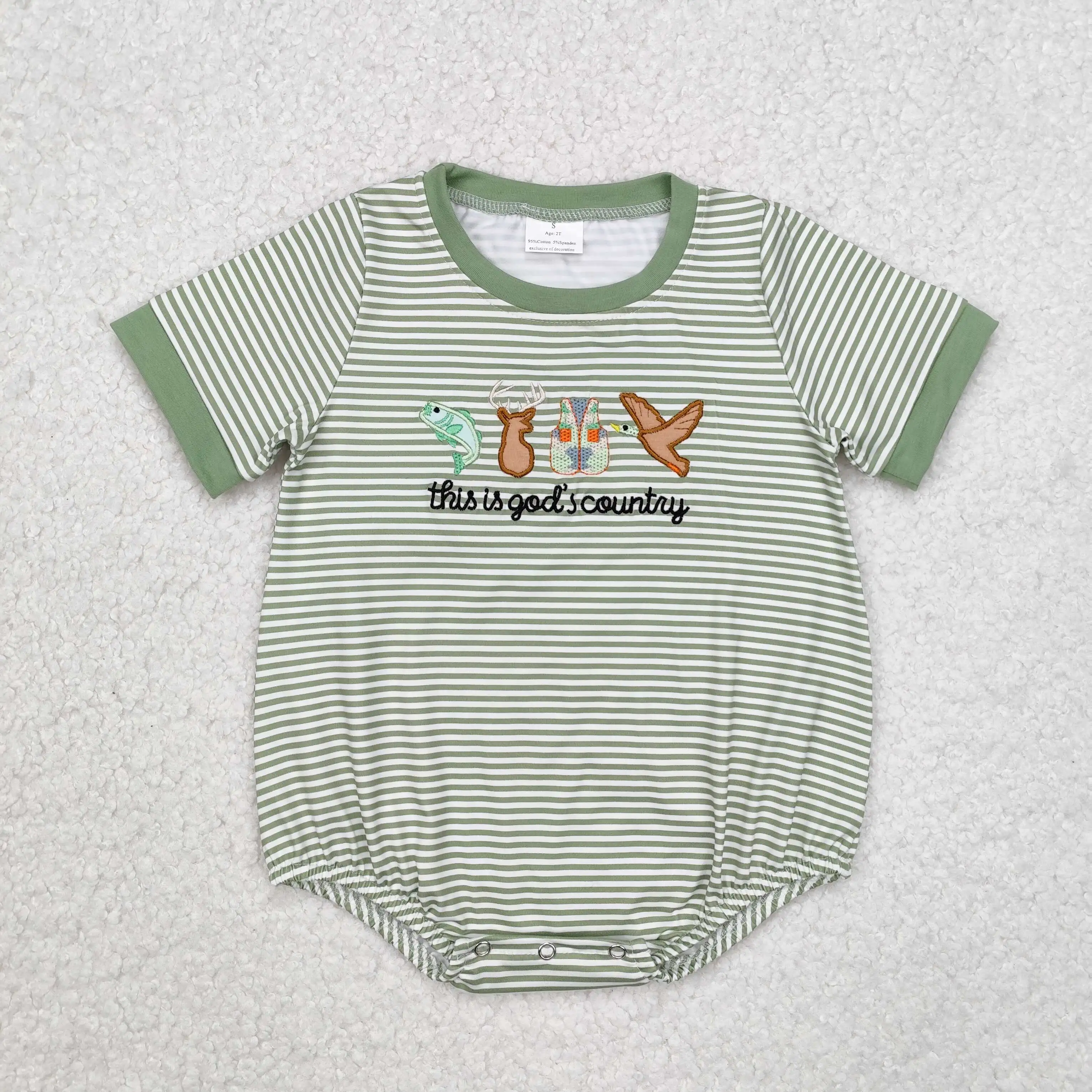 

New rts infant boys summer green rompers wholesale boutique embroidery fishing hunting boys onesies