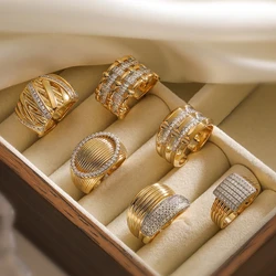 Luxury Copper 14K Gold Plated Zircon Wide Open Adjustable Ring for Women Men Couple Wedding Jewelry Gift