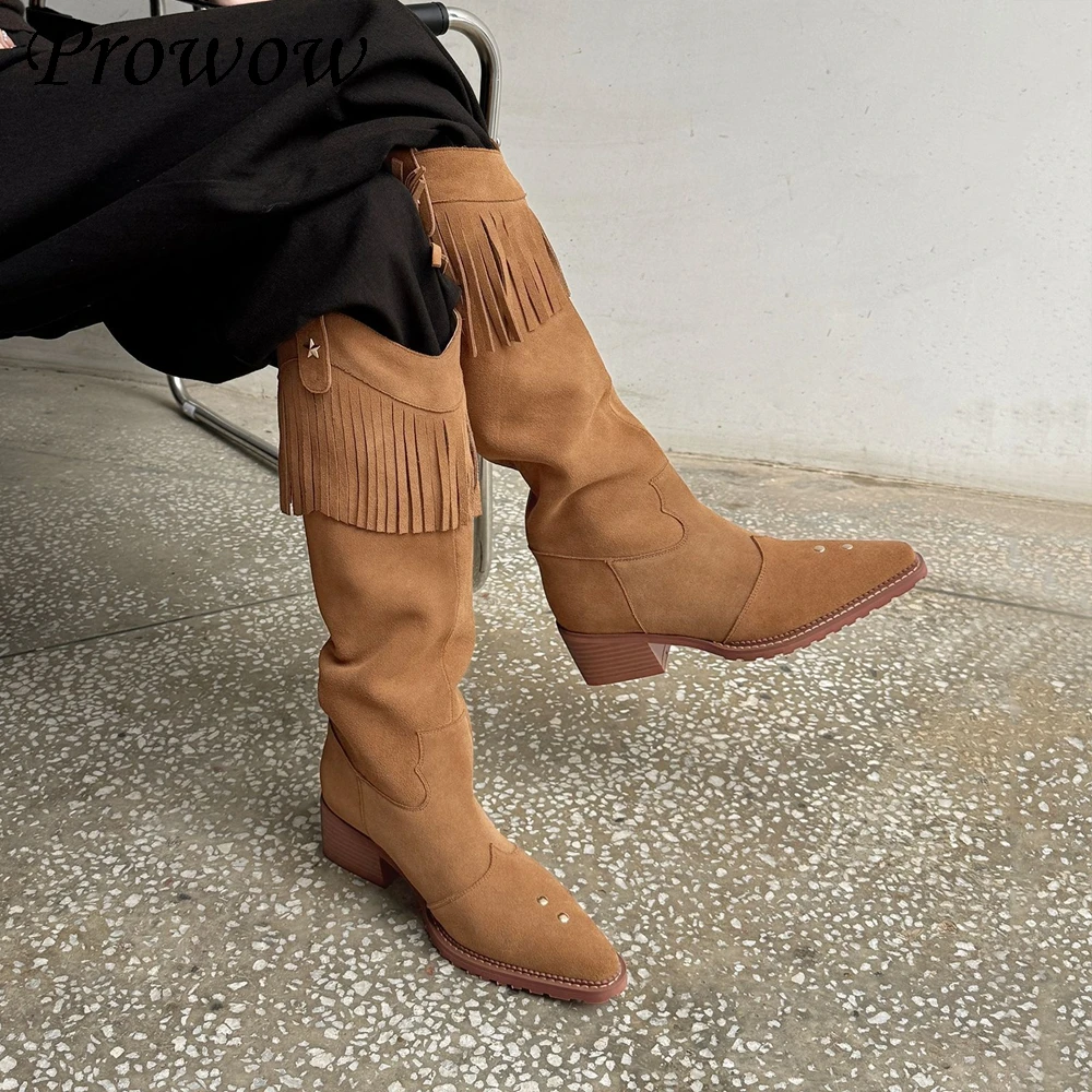 

Новые замшевые сапоги до колена с круглым носком и заклепками на толстом каблуке и кисточках, женская обувь Zapatos Mujer