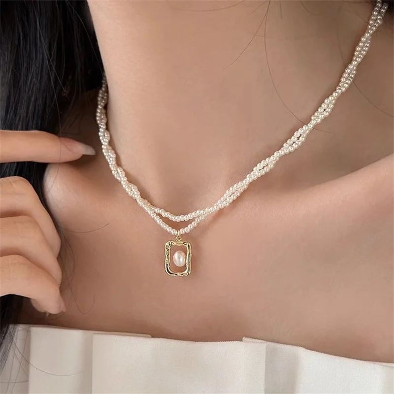 2023 New Fashion Kpop Pearl Choker Necklace Cute Double Layer Square Pendant Beaded Necklace For Women Jewelry Girl Gift