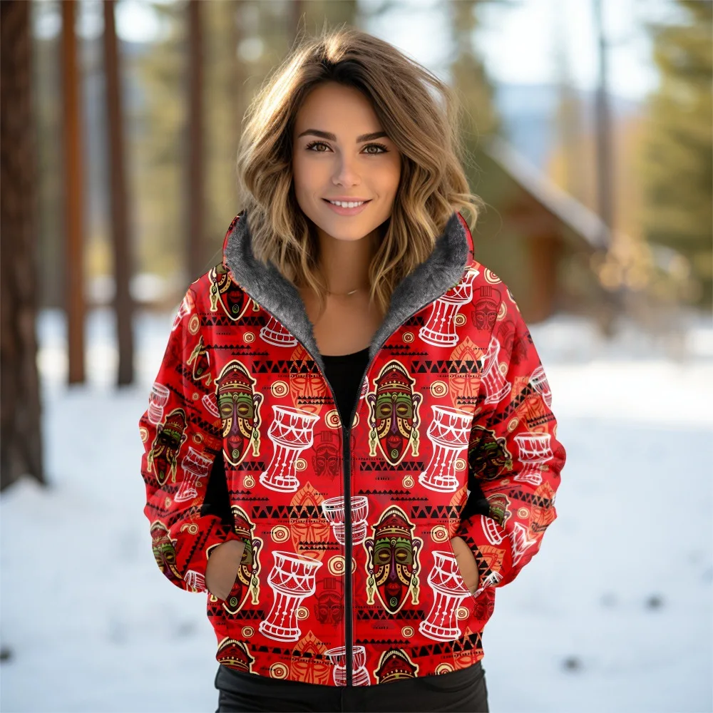 Women Coats Jackets Cardigans Printed Outdoors Tribe Retro Graphics Fleece Winter Warm Casual Streetwear Female Clothing