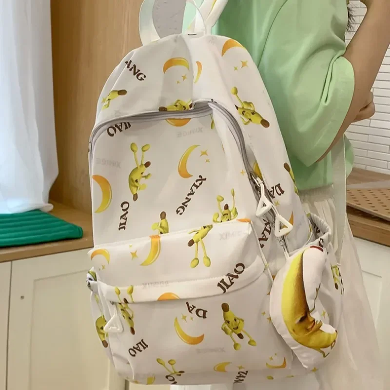 2024 New Fashion Portable Casual Canvas Book Backpack for Women Cartoon Print Large Capacity Street Travel Student School Bags