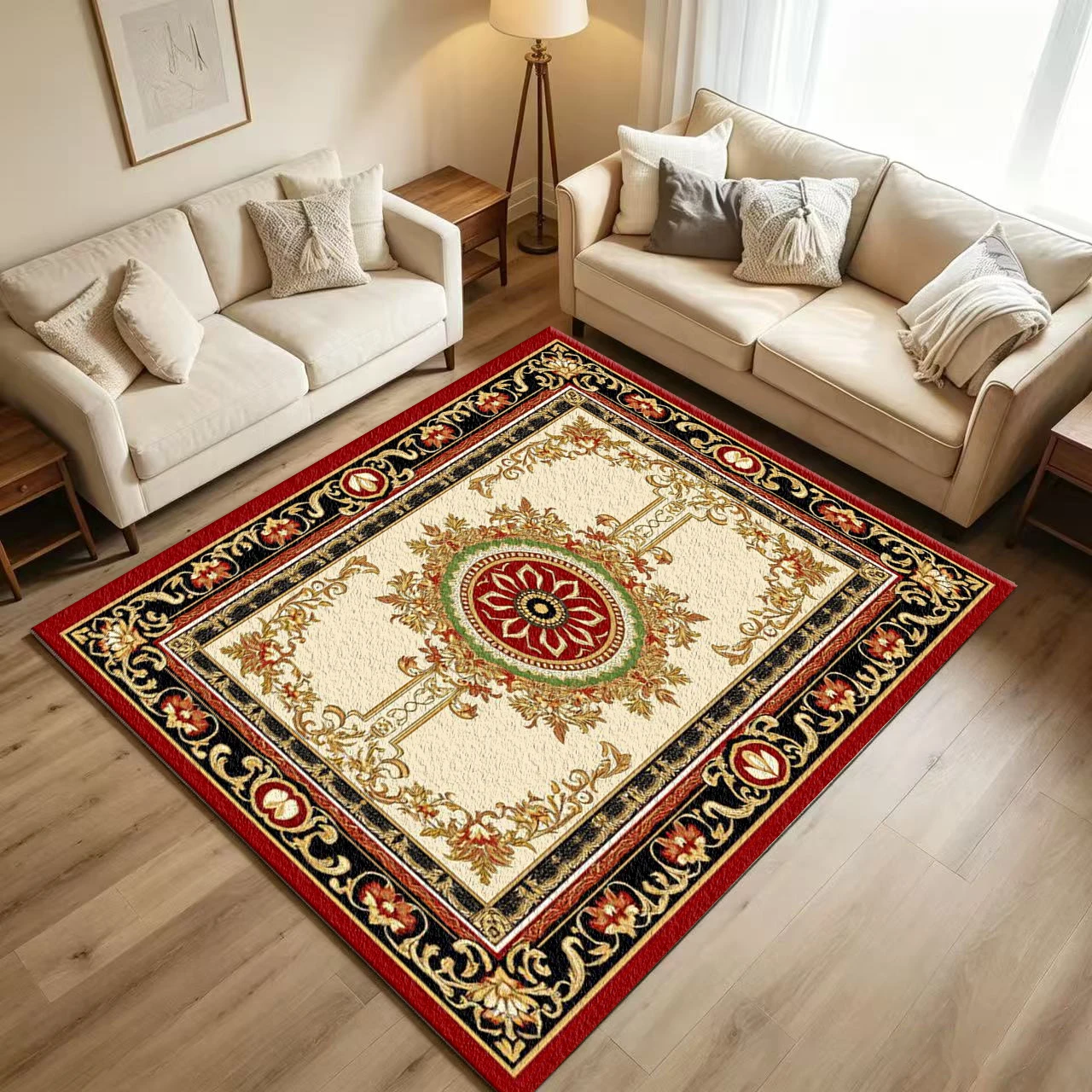 European Royal Baroque Carpet Flooring Red Gold Medallion Floral Scroll Border Printed Floor Rug for Household Living Room Luxury Home Decoration