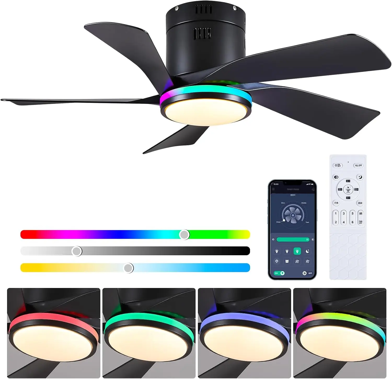 Kipas angin langit-langit hitam 36 inci dengan lampu Rgb, lampu kipas langit-langit Flush Mount dengan Remote/aplikasi, 3Cct, dapat diredupkan + lampu Rgb, Porfile rendah