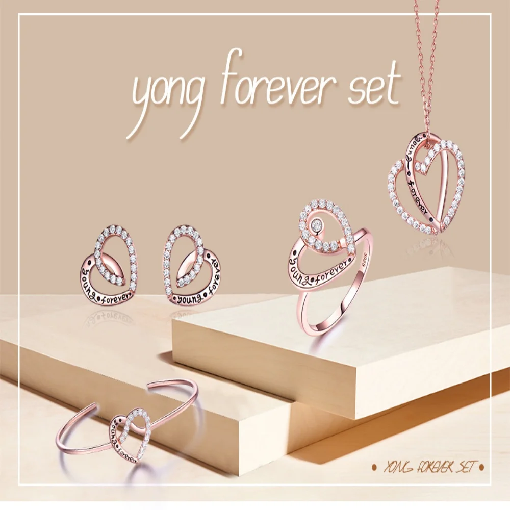 Young Forever Heart S925 Silver Rose Gold AAA Cubic Zircon Hollow Earrings Necklace Ring Bracelet Pendant Jewelry Sets