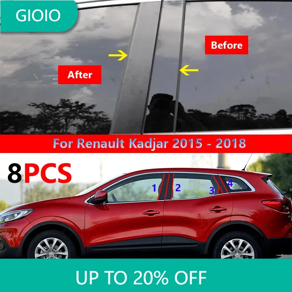 

8Pcs Gloss Black Window Trim Cover BC Column Sticker Fit For Renault Kadjar 2015 2016 2017 2018 Polished Pillar Posts