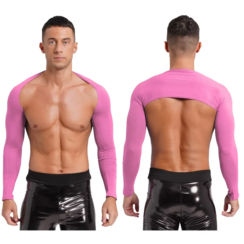 Men Open Front Half Crop Top Solid Long Sleeve Cardigan Bolero Shrug Tops Muscle Arm Sleeves Workout Sports Gym Tops Clubwear - Image 19