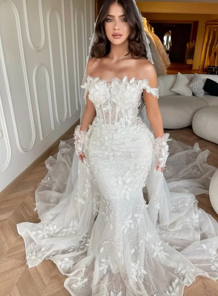 Luxurious Mermaid Lace Applique Bead Decoration Wedding Dress Sexy Sweetheart Off The Shoulder Dance Bridal Gown Customized
