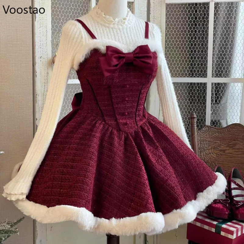 Japanese Sweet Lolita Dress Set Women Kawaii Bow Plush Shawl Short Jackets Party Mini Dress Suit Christmas New Year 3 Piece Set