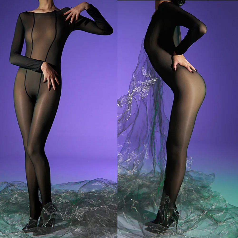 Home Hotel Sleep Black Jumpsuit Autumn Winter Sexy Outfit Jumpsuit New Nylon Plush See-through Sexy Silky Skin