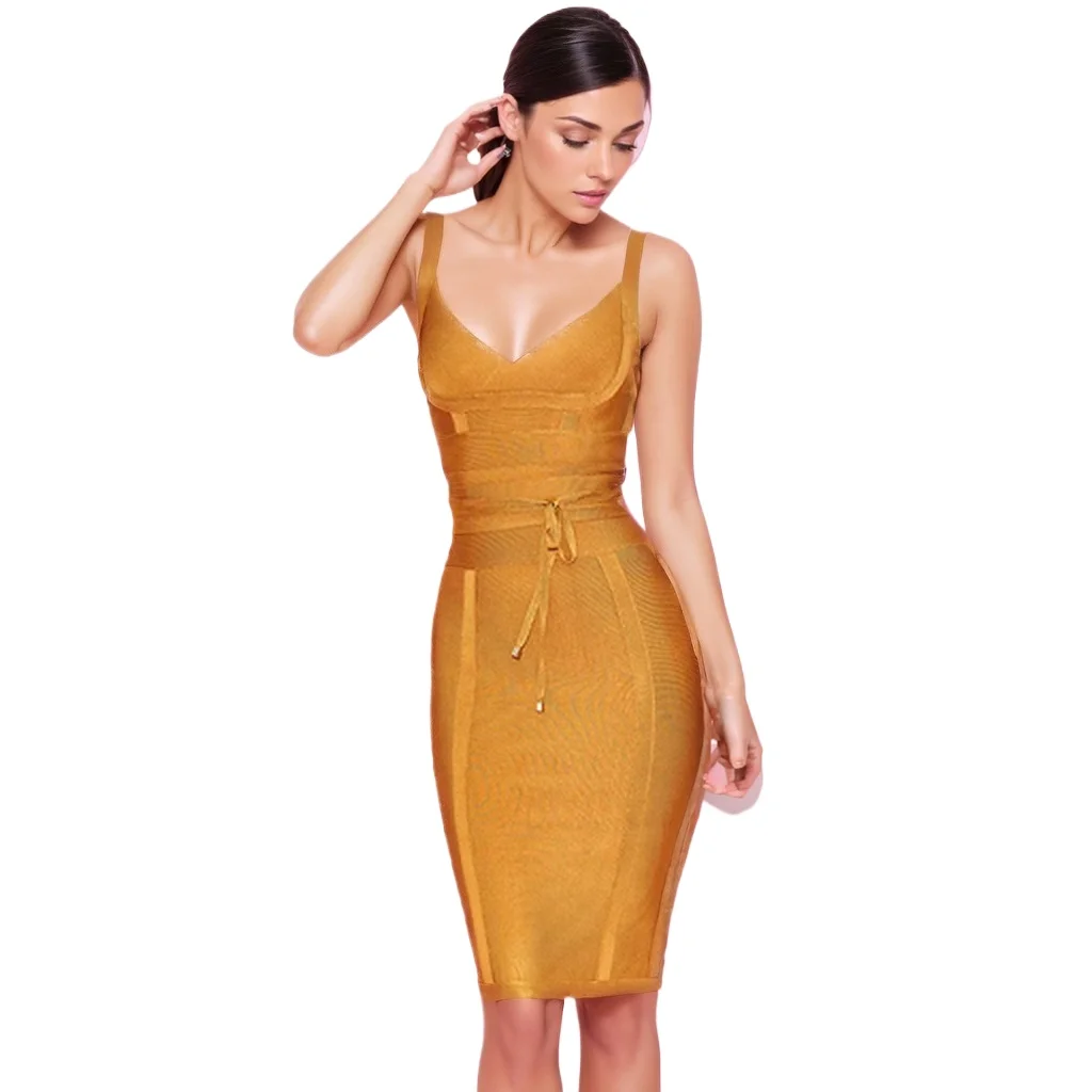 

Sexy V-neck Open Back Spaghetti Straps Knee Length Bandage Dress
