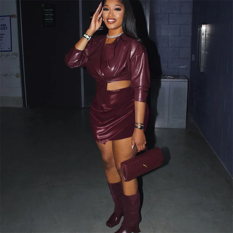 Doyerl PU Faux Leather Dress Sets Woman 2 Piece Outfit Club Wear Party Single Button Cropped Jacket and Mini Skirt Matching Sets