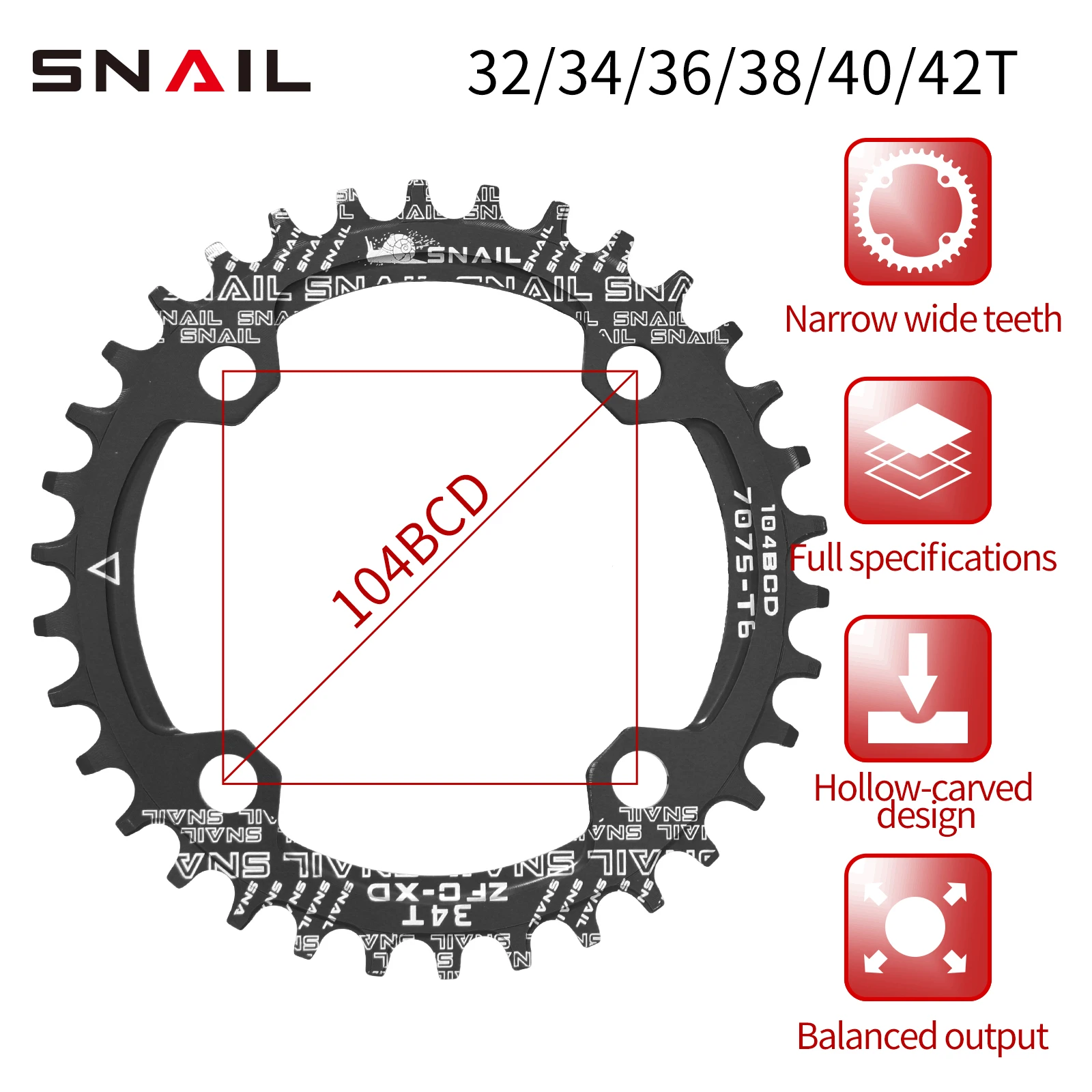 SNAIL 104BCD/96BCD Bicycle Chainwheel Wide and Narrow Teeth 32T/34T/36T/38T Round /oval Disc Single Chainring For Shimao/SRAM - view 5