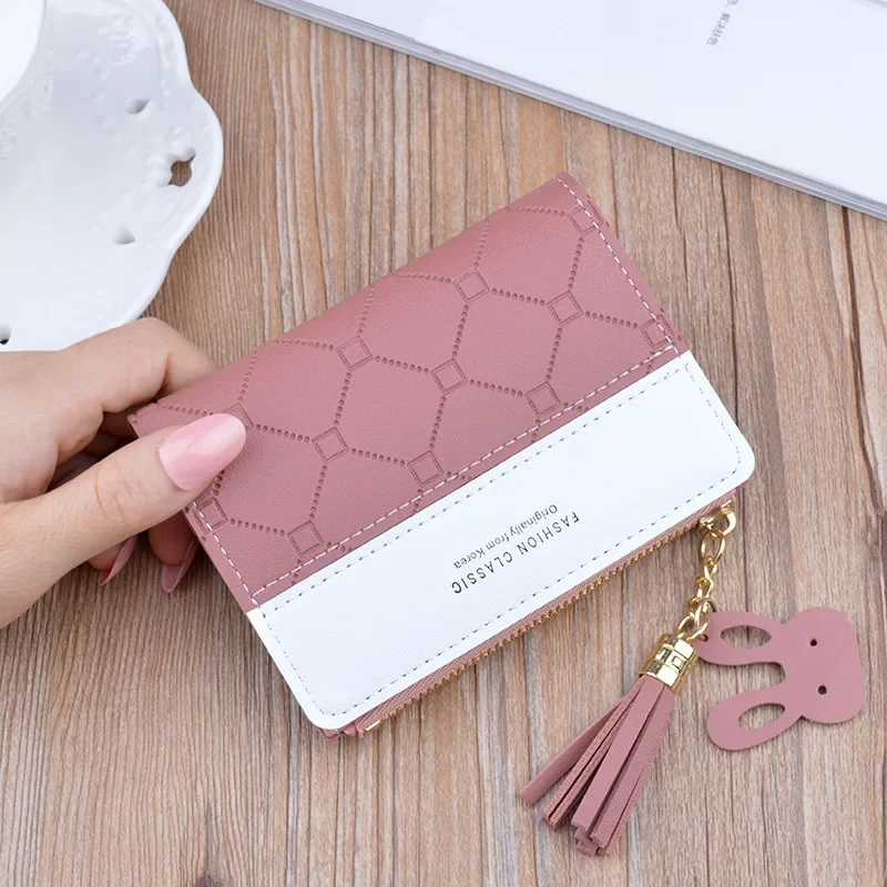 Cartera corta de retales para mujer, monedero pequeño con cremallera, billeteras con borlas en relieve a cuadros, tarjetero sencillo y bonito, Mini monedero rosa