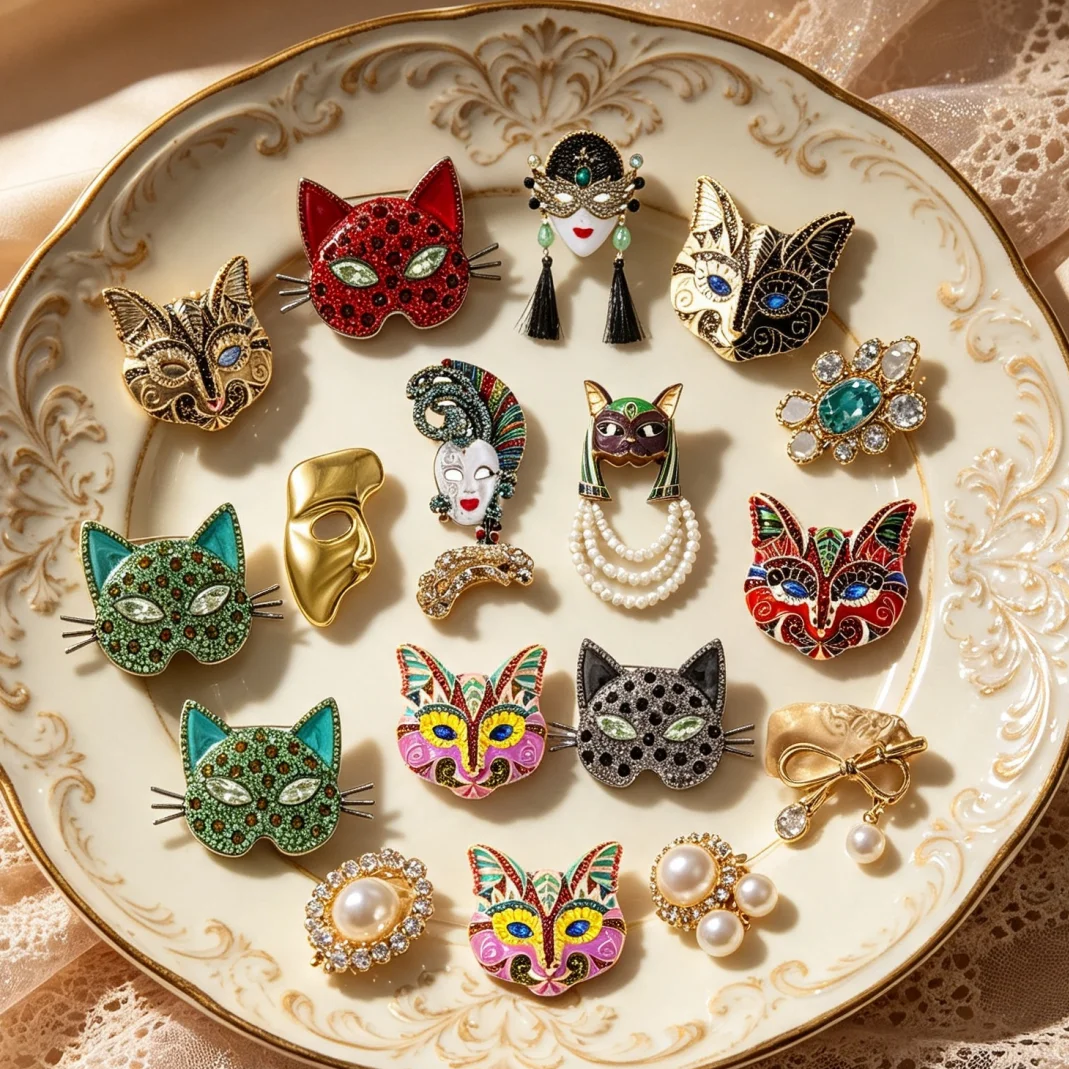 Baroque Luxury Men's and Women's Brooches and Pins: Chinese-Style, Theatrical, Cat, Fox, Animal, and Ancient EgyptianMaskDesigns