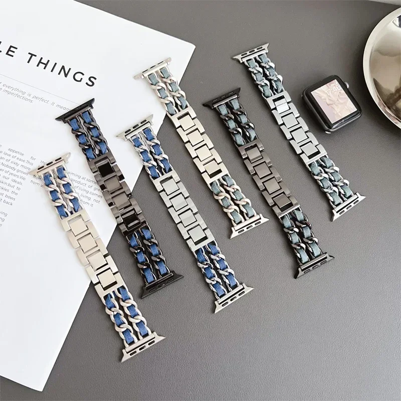 Luxury Metal Denim Strap For Apple Watch Band Ultra 2 1 49mm 41 45mm 38 42mm 44 40mm Bracelet For iWatch 9 8 7 SE 6 5 4 3 Women