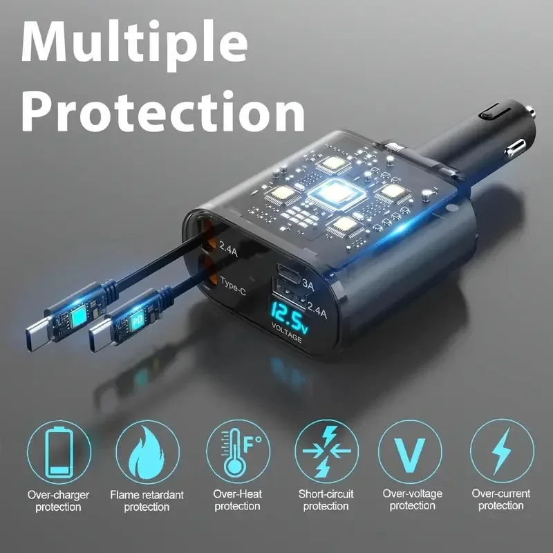 Caricabatteria da auto retrattile da 120W, caricabatteria da auto a ricarica Super veloce 4 in 1, caricabatteria da auto con spina di conversione retrattile a due fili