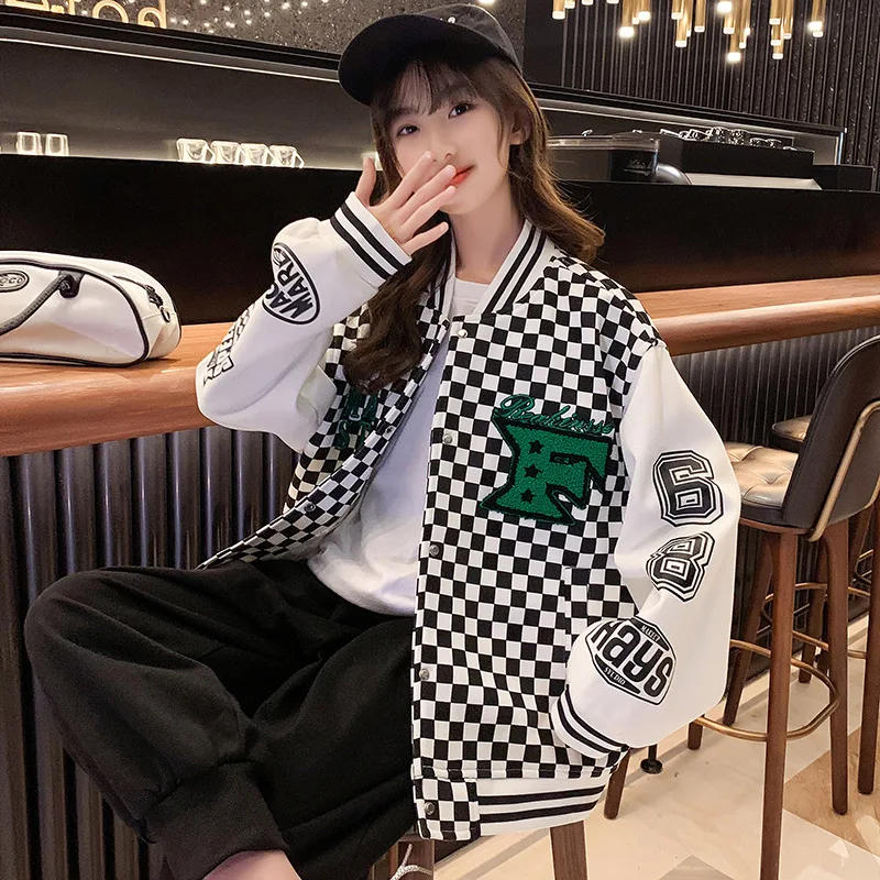 

2024 Korean Spring Autumn Children Girl Baseball Uniform Sports Top Elementary Girl Tops Oversized Jacket Leisure Sports Top