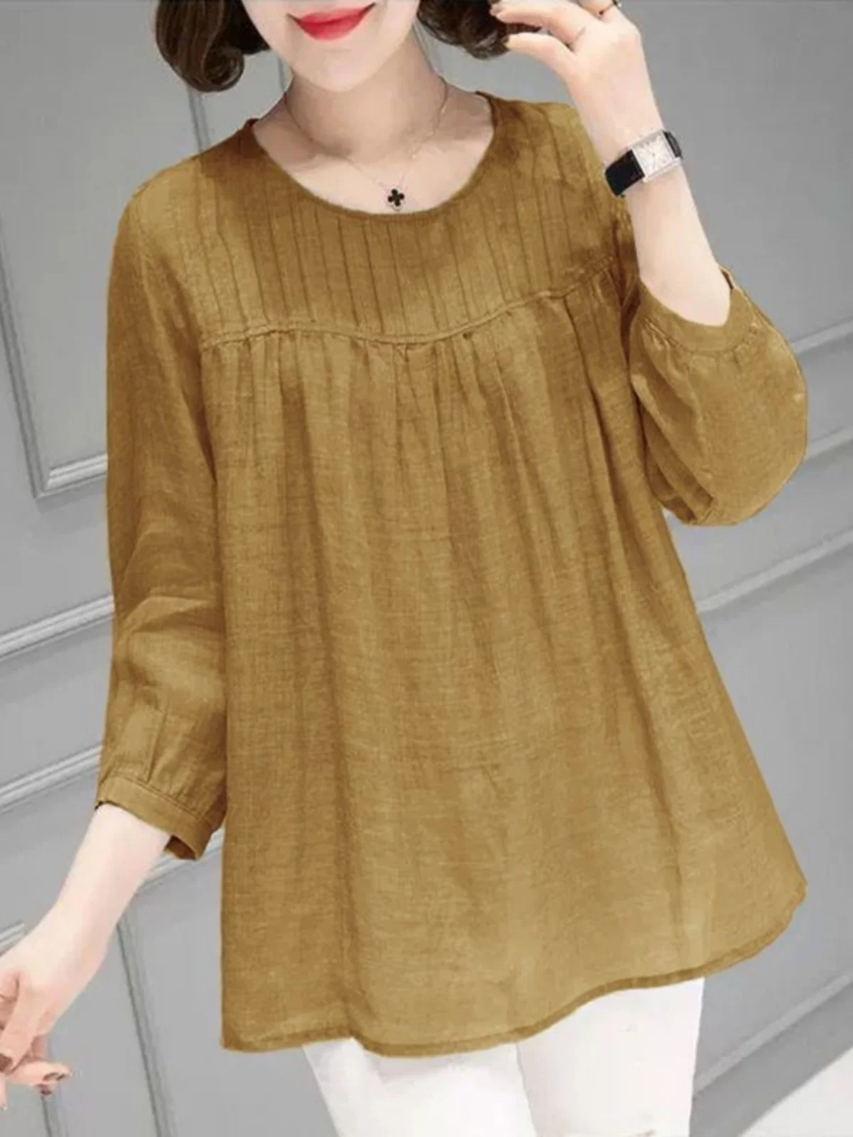 

Loose Fit round Neck Nine Sleeve Women's Shirt plus Size Base Layer Hanfu Set Pure Color Slimming Base Shirt for Autumn